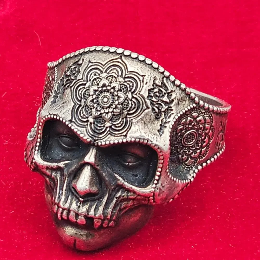 Copper Sterling Mandala Skull Ring Gothic Biker Jewelry Size 14.5 Statement Band